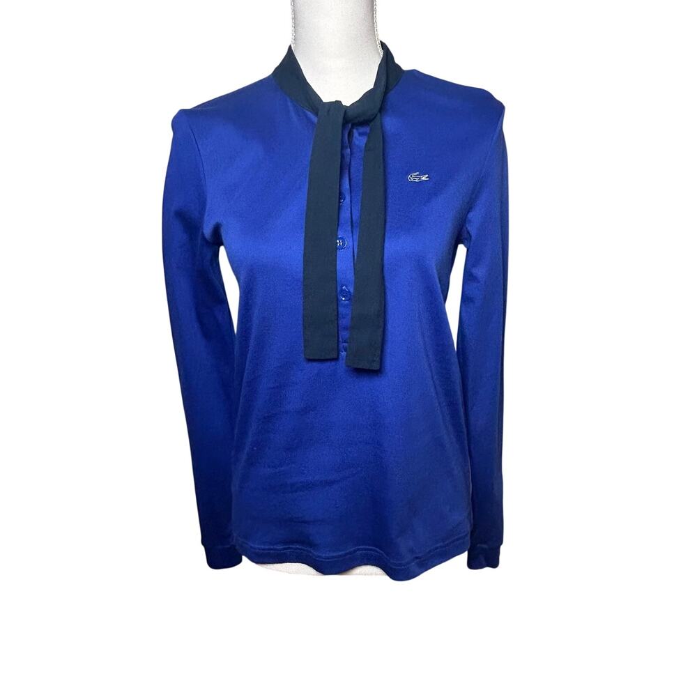 Lacoste women's royal blue and black bow neck cotton henley top size 40 US M
